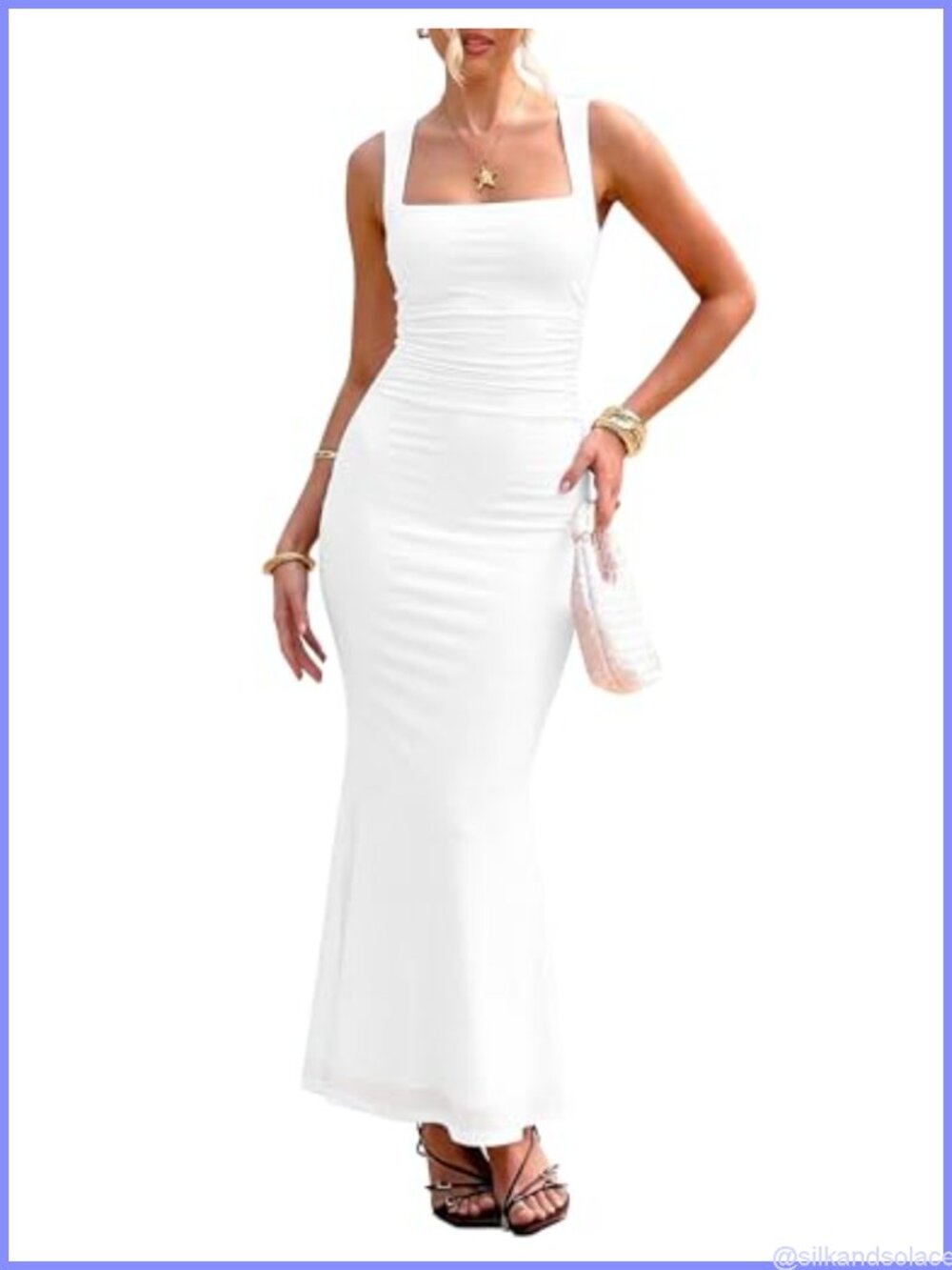 Women's Square Neck Ruched Bodycon Maxi Dress Sleeveless Formal